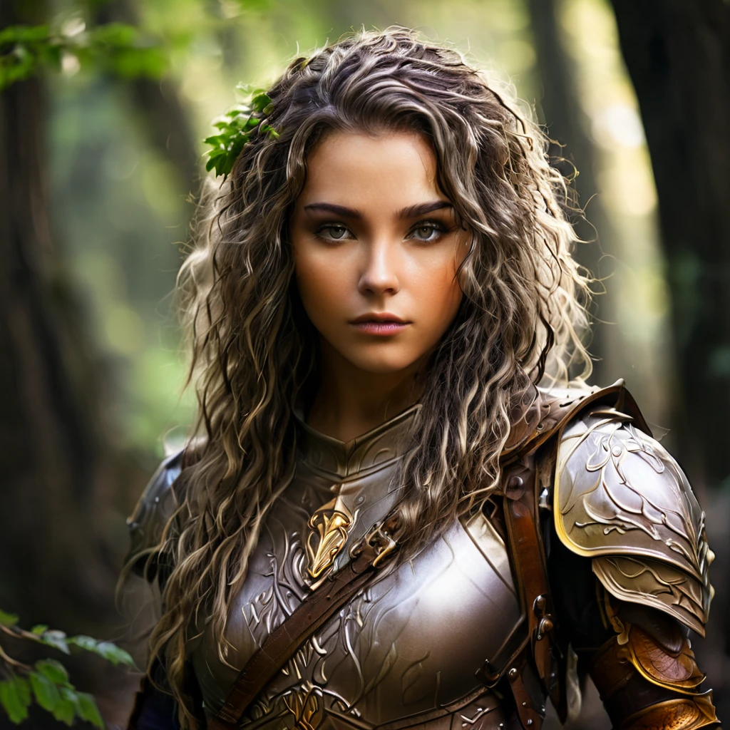 Elf female with dark curly short hair, eyes with amber colors, golden skin. She is a druid, using a very light leather armor and a wooden shield