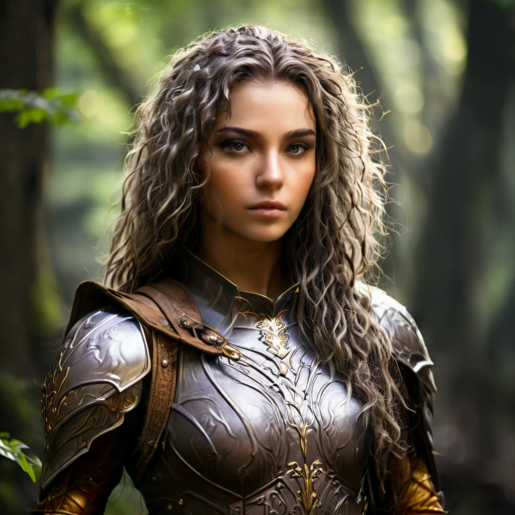 Elf female with dark curly short hair, eyes with amber colors, golden skin. She is a druid, using a very light leather armor and a wooden shield