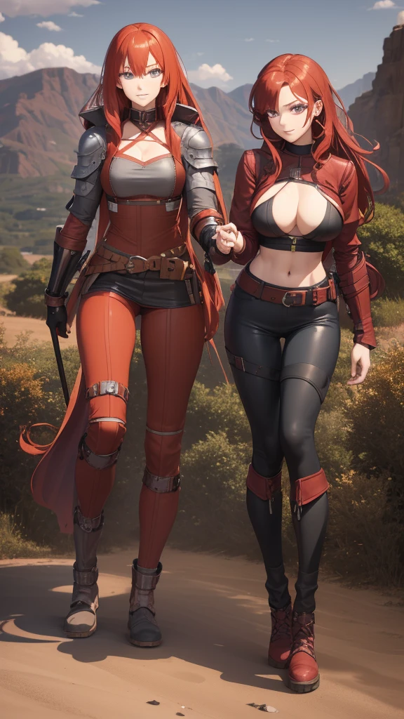 Tall woman, long and very curly fiery red hair, anime style, gentle smile, gray leather leggings, hiking boots, burgundy crop top, leather chest armor, exposed cleavage and midriff, standing, spear in hand, lilac eyes