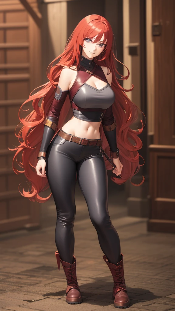 Tall woman, long and very curly fiery red hair, anime style, gentle smile, gray leather leggings, hiking boots, burgundy crop top, leather chest armor, exposed cleavage and midriff, standing, spear in hand, lilac eyes