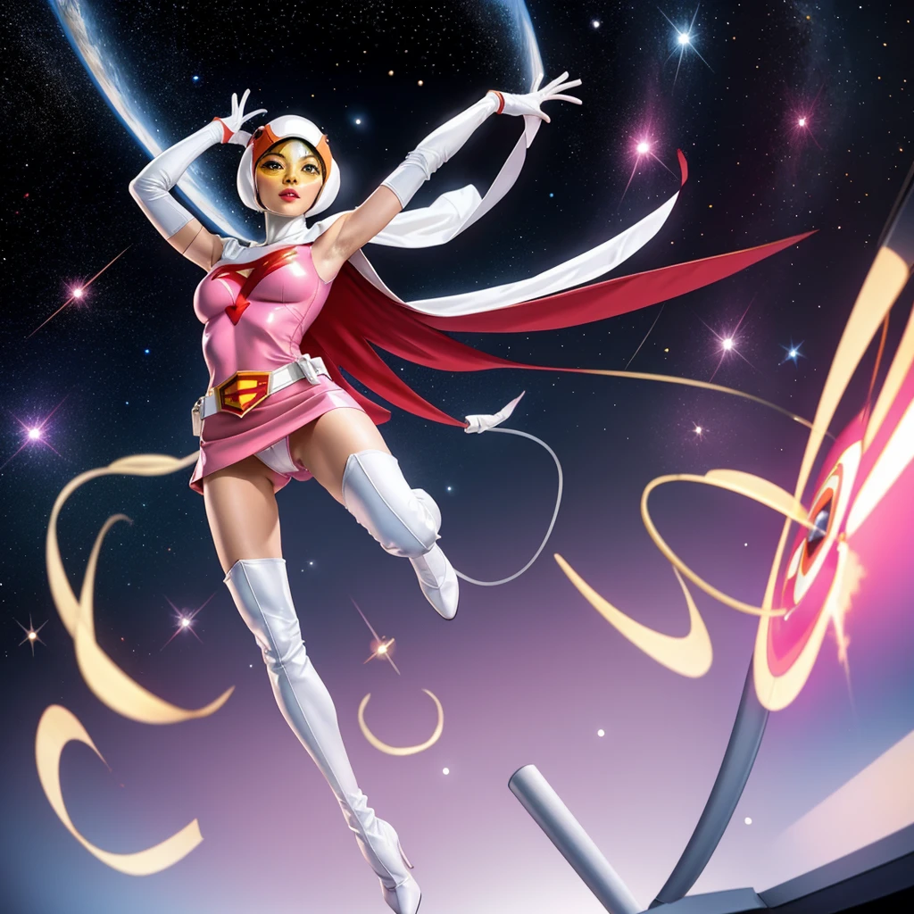 ANI_CLASSIC_jun_gatchaman_ownwaifu,1girl, 15yo,good anatomy, masterpiece, best quality, realistic, hyper realistic, 16k hdr, breasts, large breasts, lipstick, makeup, gloves, cape, helmet, belt, elbow gloves, white gloves, mask, ultra miniskirt, leotard, spacesuit, white tight overknee highheel boots, pink dress, superhero, bodysuit, cleavage, erected nipples,(sexy pose, from below:1.2),(spread legs:1.1),cameltoe