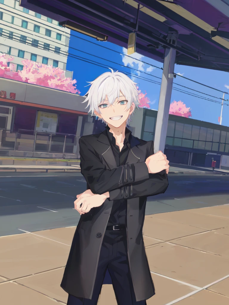 anime character dressed in black standing on a city street, dapper dream demon, he has dark grey hairs, fashion gameplay screenshot, he using japan school boy uniform, cloth sim,.Gojou satoru, jujutsu kaisen. Laughing, fake smiling.