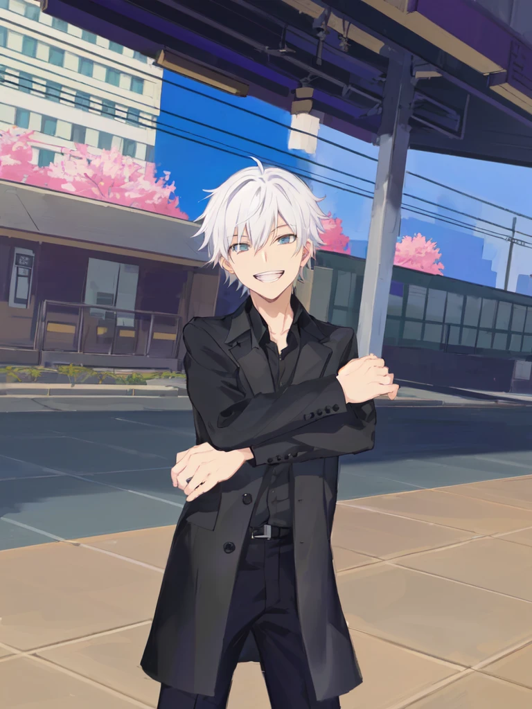 anime character dressed in black standing on a city street, dapper dream demon, he has dark grey hairs, fashion gameplay screenshot, he using japan school boy uniform, cloth sim,.Gojou satoru, jujutsu kaisen. Laughing, fake smiling.