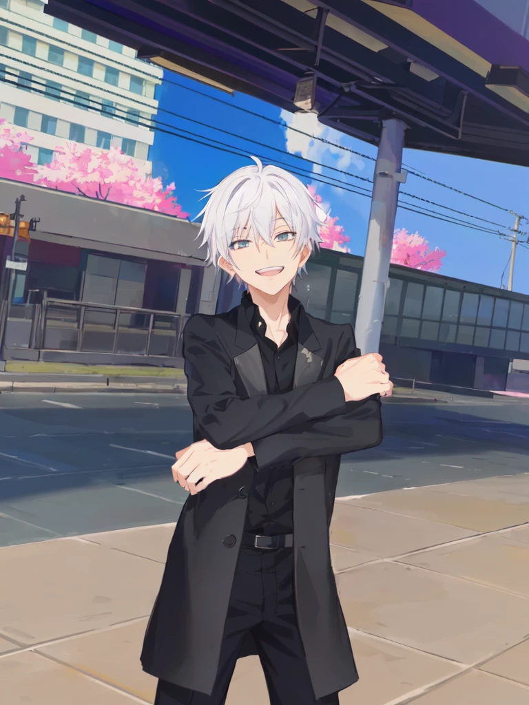 anime character dressed in black standing on a city street, dapper dream demon, he has dark grey hairs, fashion gameplay screenshot, he using japan school boy uniform, cloth sim,.Gojou satoru, jujutsu kaisen. Laughing, fake smiling.