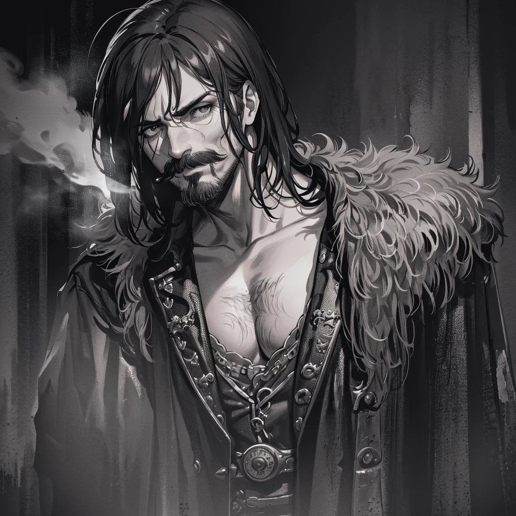 skull, gaulois, moustache, rock band, smoke, vintage, dramatic lighting, moody atmosphere, high contrast, black and white, cinematic, chiaroscuro, grungy, distressed, weathered, textured, gritty, dark fantasy, gothic, (best quality,8k,highres,masterpiece:1.2),ultra-detailed,(realistic,photorealistic,photo-realistic:1.37)