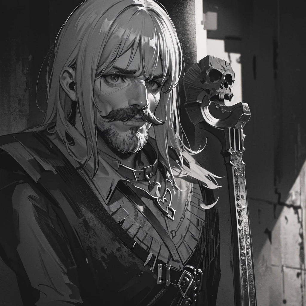 skull, gaulois, moustache, rock band, smoke, vintage, dramatic lighting, moody atmosphere, high contrast, black and white, cinematic, chiaroscuro, grungy, distressed, weathered, textured, gritty, dark fantasy, gothic, (best quality,8k,highres,masterpiece:1.2),ultra-detailed,(realistic,photorealistic,photo-realistic:1.37)