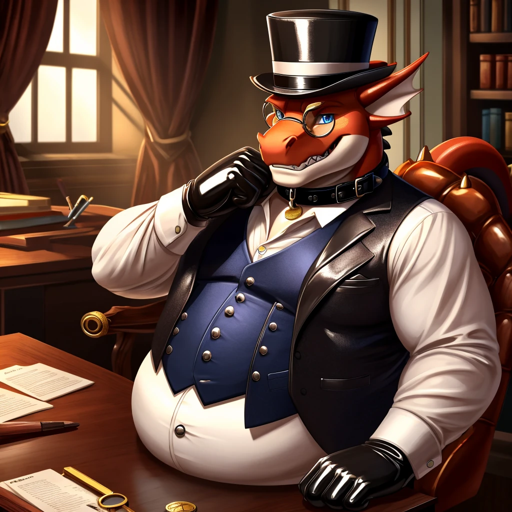 Solo, Male, fat, extremely obese, gentleman, dapper Professor Dragon, blue eyes, (posing:1.3), (soft shading), 4k, hi res, ((detailed face, detailed)), looking at viewer, mouth wide open, steampunk, dapper clothing, collared shirt with buttons, top hat, male focus, Explorer Outfit, glasses, monocle, vest with buttons, sleeves rolled up, round eyewear, brown headwear, brown vest, office, Dragon is wearing a glossy leather dog collar around the neck, Dragon is wearing the leather collar and shirt and vest at the same time, Dragon is wearing glossy white rubber gloves on the hands, wearing white rubber gloves on the feet, gloves are rubber in texture, clenching teeth, clenching fists, leather collar is glossy and shiny with a lot of detail, Dragon is wearing gloves and leather collar at the same time, leather collar has a round dog-tag, leather collar is thick and detailed, leather collar is glossy and shiny, fancy clothing, dapper vest, dapper shirt, leather collar is thick, glossy leather collar.