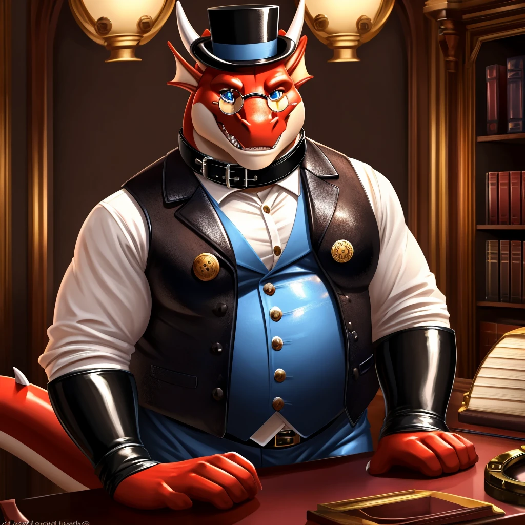 Solo, Male, fat, extremely obese, gentleman, dapper Professor Dragon, blue eyes, (posing:1.3), (soft shading), 4k, hi res, ((detailed face, detailed)), looking at viewer, mouth wide open, steampunk, dapper clothing, collared shirt with buttons, top hat, male focus, Explorer Outfit, glasses, monocle, vest with buttons, sleeves rolled up, round eyewear, brown headwear, brown vest, office, Dragon is wearing a glossy leather dog collar around the neck, Dragon is wearing the leather collar and shirt and vest at the same time, Dragon is wearing glossy white rubber gloves on the hands, wearing white rubber gloves on the feet, gloves are rubber in texture, clenching teeth, clenching fists, leather collar is glossy and shiny with a lot of detail, Dragon is wearing gloves and leather collar at the same time, leather collar has a round dog-tag, leather collar is thick and detailed, leather collar is glossy and shiny, fancy clothing, dapper vest, dapper shirt, leather collar is thick, glossy leather collar.
