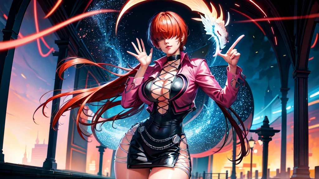 (at night), in a video game scene a background a beautiful city, alone, standing at attention, pink suit, pink jacket, choker, neckline, cut of clothes, earrings, has long bangs in her hair that covers eyes ((hair over eyes)), 1 girl, 20 years old, young woman, perfect hands, beautiful fingers, beautiful long legs, beautiful body, beautiful nose, beautiful character design, perfect face, looking at viewer with gesture serious, he is on a phone call with his cell phone in hand (focusing on his face), mouth closed, Light_Smile, official art, extremely detailed CG unity 8k wallpaper, perfect lighting, bright and colorful front lighting, glowing skin (artwork master: 1.0), (best_quality: 1.0), ultra high resolution, 4K, ultra detailed photography, 8K, HDR, high resolution, nonsense:1.2, Kodak portra 400, film grain, background blur, bokeh:1.2, lens flare , (vibrant_color:1.2), professional photography, (Beautiful, breasts: 1.4), (beautiful_face: 1.5), (narrow waist),