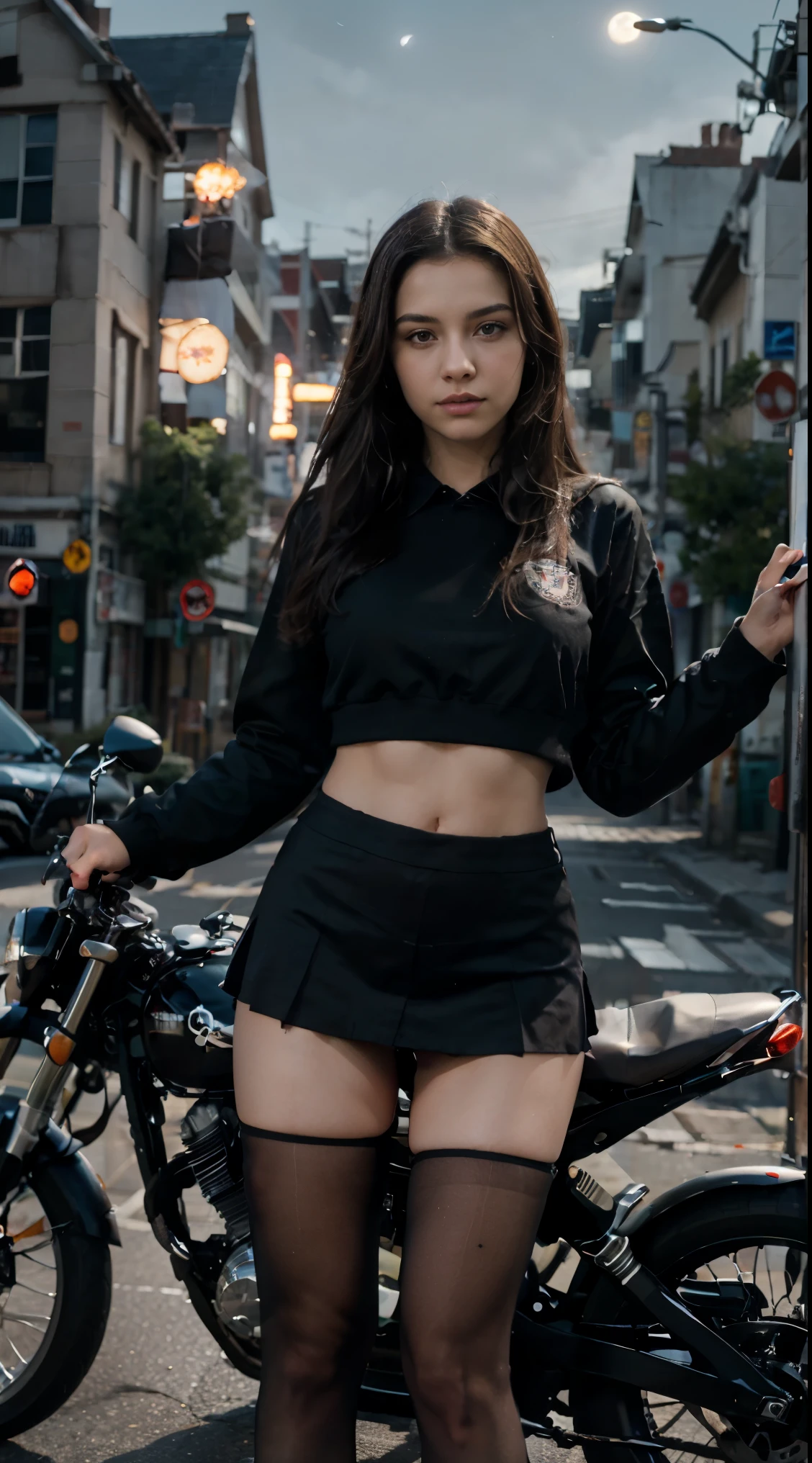 -yeld Wa posando na frente de uma motocicleta futurista, the motorcycle has skulls and blue flames highly detailed 3D graphics, night scenery with full moon in the background, she is wearing a Red SchoolUniform with 3D skulls and flames and Sailor Miniskirt, Pantyhose , HDR, epic realism, high-octane rendering, obra de arte,