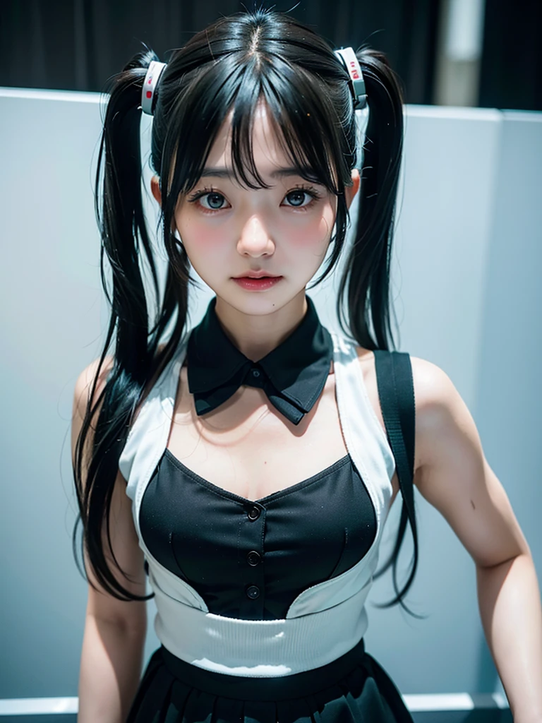 40-year-old Japanese woman、Black Hair、Hair is very short、Twin tails、Hatsune Miku Costume、Headphones、Flat Chest、Realistic photos、Realistic、8K quality、expensive、No bangs、High resolution, Highest quality, Anatomically correct, Winner of numerous awards, Ultra high definition, Live Performance Venues、Playing the keyboard