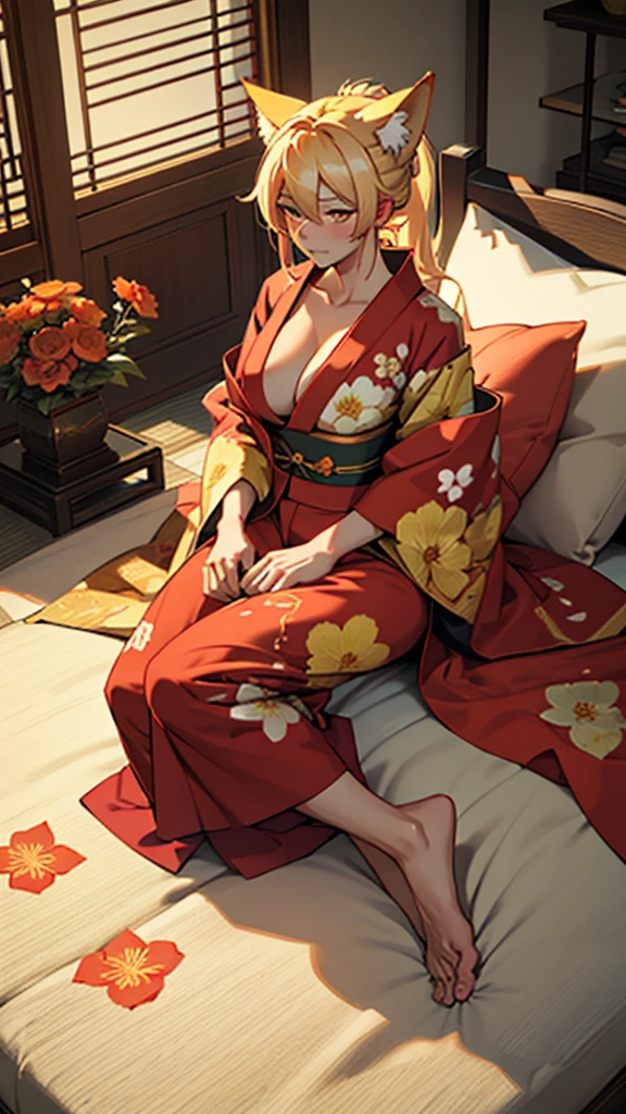 a woman with an attractive half-human, half-kitsune body with large breasts with eyes on one side red and on the other yellow, with a red kimono with yellow flowers expression blushing in a house sitting a pillow in anime style