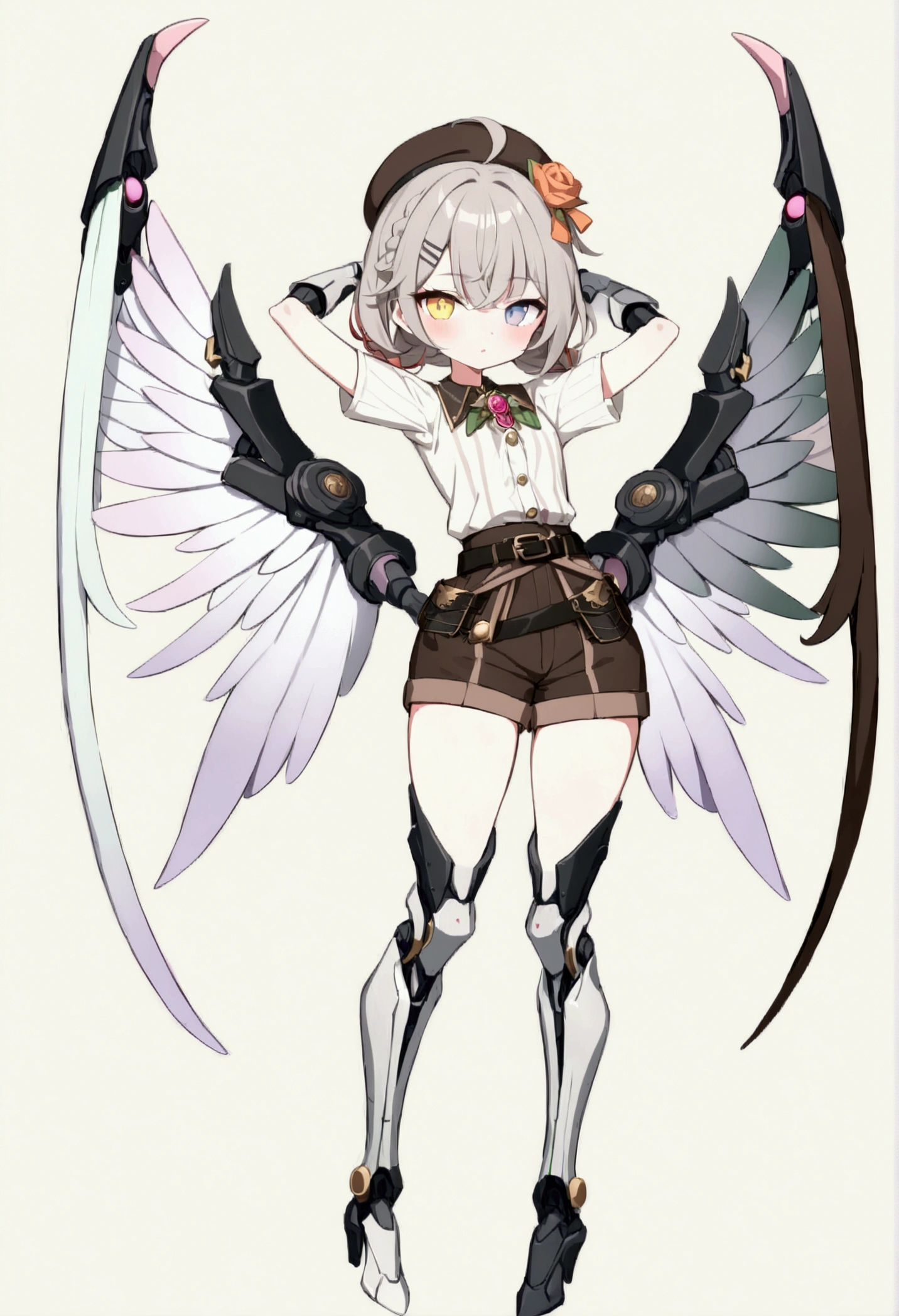 woman 165cm tall, (whole body: 1.5), slim build, , charming look, ((heterocromia: ojo right naranja y ojo izquierdo violeta)), (Shoulder Length Wavy Gray Hair, medium braid on the left side of the hair: 1.2, big open bangs, largo flequillo en el lado izquierdo y right del cabello sobre las mejillas , golden gear hairpin on the left side of the hair: 1.1), (((complex mechanical legs up to the hip, The legs are black with gray parts and small pink details))), (((complex mechanical arms up to the elbows, The arms are black with gray parts and small pink details))), ((a pair of complex white mechanical angel wings with pastel green parts)), (elegant black French beret, orange rose ribbon on the beret: 1.2), (stylish white short sleeve button down shirt, dark brown shorts with straps from the waist, elegant black belt, small rose brooch on shirt collar, beautiful mechanical stilettos), (((full body character design sheet: vista 3/4))), ((Pastel yellow background)), extremely detailed hair, beautiful detailed clothing, extremely detailed arms, extremely detailed face, (Extremely detailed hands), perfect hands, beautiful detailed eyes, beautiful detailed lips, adorable, extremely detailed legs, (Best Quality, 8k, ultra resolution), ultra detailed, Exquisite and epic character art, (Focus on symmetry), (extremely detailed wings), (body position: standing, right, symmetrical), looking at the viewer, small face.