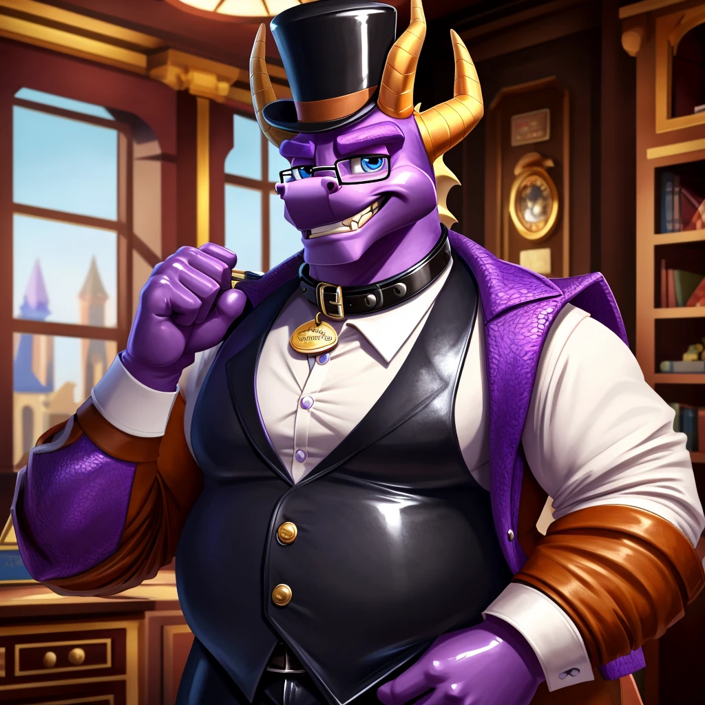 Solo, Male, fat, extremely obese, gentleman, dapper Professor Spyro, blue eyes, (posing:1.3), (soft shading), 4k, hi res, ((detailed face, detailed)), looking at viewer, mouth wide open, steampunk, dapper clothing, collared shirt with buttons, top hat, male focus, Explorer Outfit, glasses, monocle, vest with buttons, sleeves rolled up, round eyewear, brown headwear, brown vest, office, Spyro is wearing a glossy leather dog collar around the neck, Spyro is wearing the leather collar and shirt and vest at the same time, Spyro is wearing glossy white rubber gloves on the hands, wearing white rubber gloves on the feet, gloves are rubber in texture, clenching teeth, clenching fists, leather collar is glossy and shiny with a lot of detail, Spyro is wearing gloves and leather collar at the same time, leather collar has a round dog-tag, leather collar is thick and detailed, leather collar is glossy and shiny, fancy clothing, dapper vest, dapper shirt, leather collar is thick, glossy leather collar.