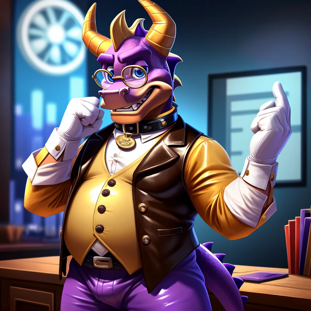 Solo, Male, fat, extremely obese, gentleman, dapper Professor Spyro, blue eyes, (posing:1.3), (soft shading), 4k, hi res, ((detailed face, detailed)), looking at viewer, mouth wide open, steampunk, dapper clothing, collared shirt with buttons, top hat, male focus, Explorer Outfit, glasses, monocle, vest with buttons, sleeves rolled up, round eyewear, brown headwear, brown vest, office, Spyro is wearing a glossy leather dog collar around the neck, Spyro is wearing the leather collar and shirt and vest at the same time, Spyro is wearing glossy white rubber gloves on the hands, wearing white rubber gloves on the feet, gloves are rubber in texture, clenching teeth, clenching fists, leather collar is glossy and shiny with a lot of detail, Spyro is wearing gloves and leather collar at the same time, leather collar has a round dog-tag, leather collar is thick and detailed, leather collar is glossy and shiny, fancy clothing, dapper vest, dapper shirt, leather collar is thick, glossy leather collar.