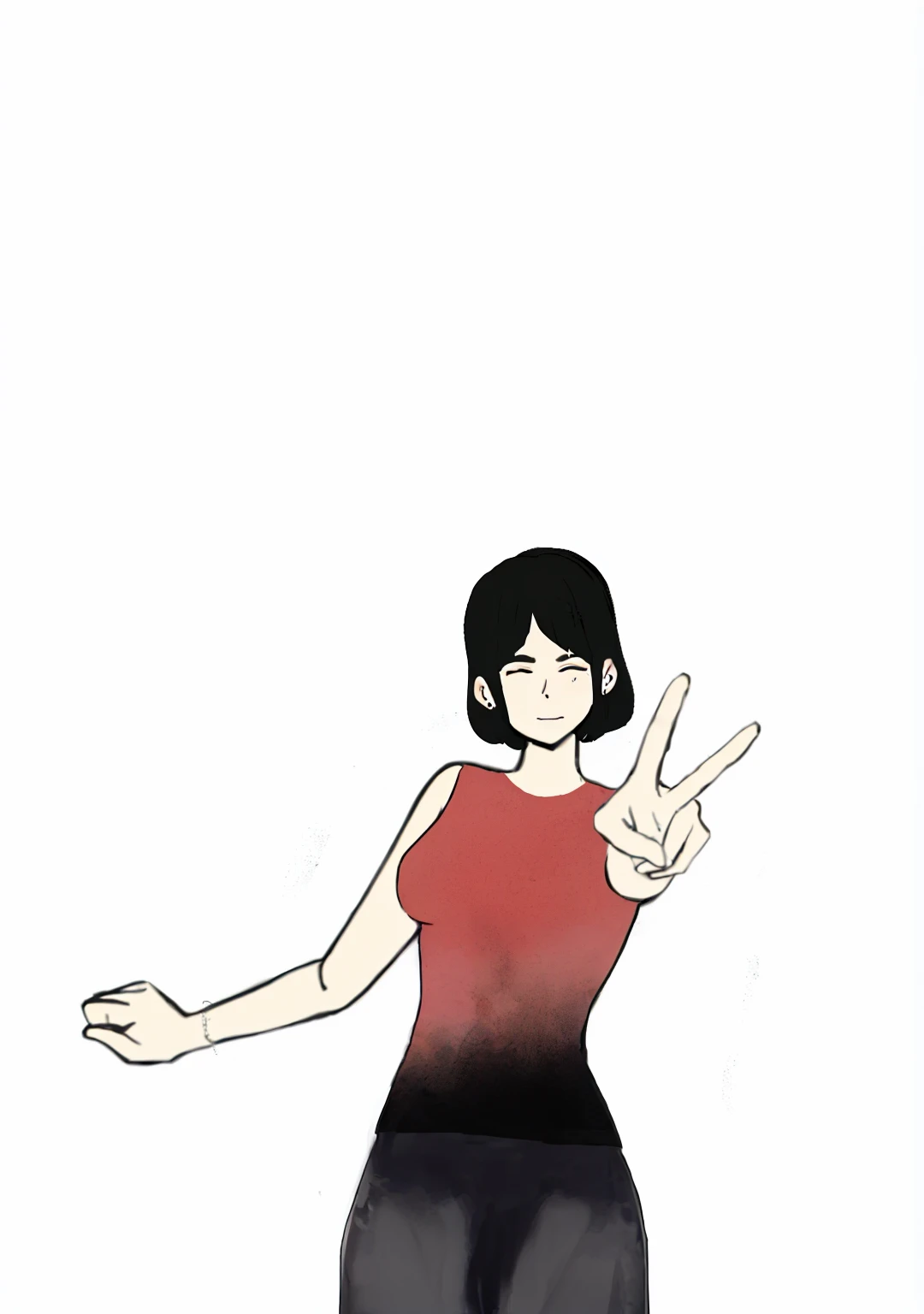 1 with short black hair with bangs with closed eyes and black pants.