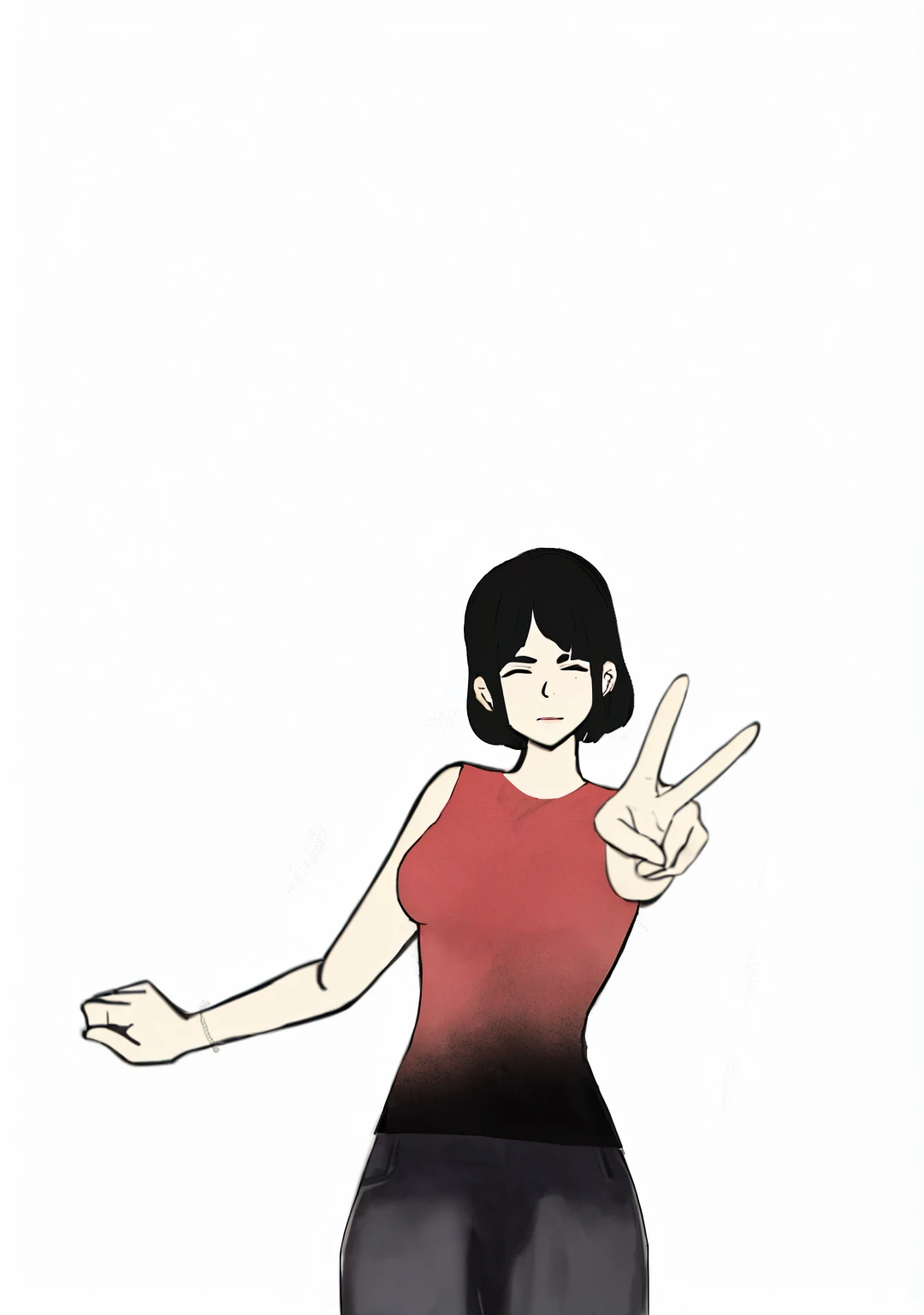 1 with short black hair with bangs with closed eyes and black pants.