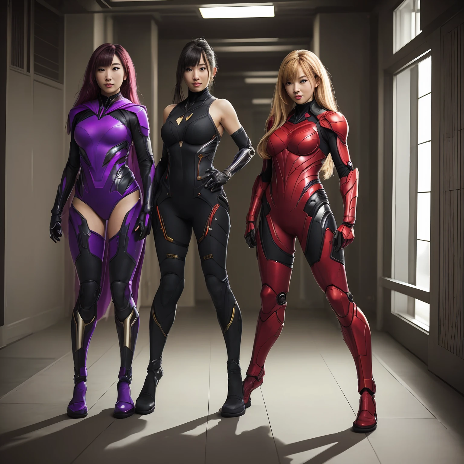 ((Full body photo, standing, feet on the floor)) heromkr2023, best quality, masterpiece, full body, 3girl, vibrant colors, superhero,japanese, ninja, robotic arm,