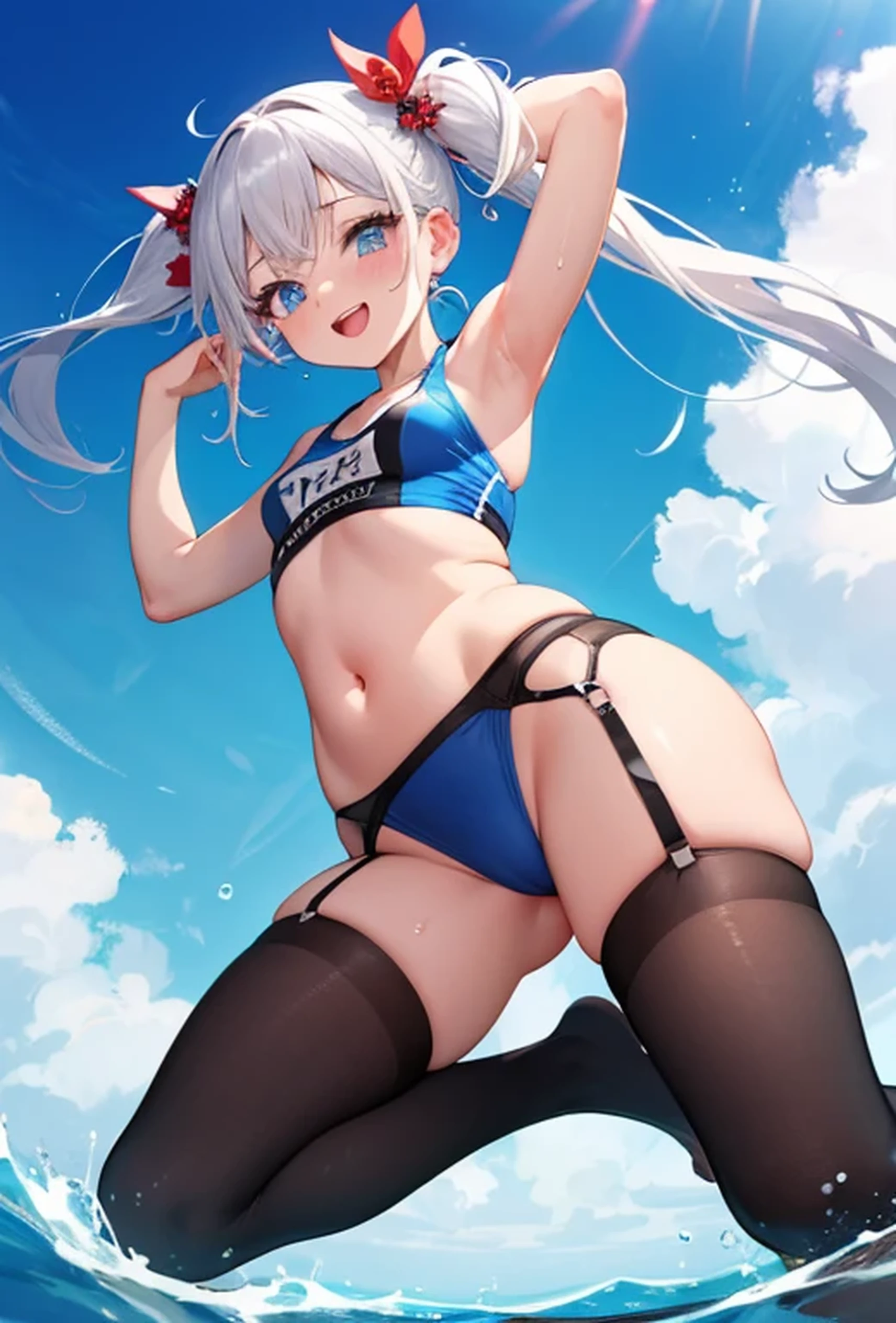 (Super detailed、Ultra-high resolution、8K masterpiece、Vibrant colors)、((Flat Color))、((Floating water))、summer、coastal、1 Masochist Woman、(Perforated competitive swimsuit、Knee-high stockings、garter belt、No underwear、Thick pubic hair、Sweating profusely)、Angle from below、(Open your mouth a little、Feels good)、(Random Sexy Poses)、Beautiful pink nipples、Plump labia majora、Wide open labia minora、Peeled clitoris、Normal five-finger、
(Twin tails、Vermilion, blue, silver, golden hair、hair ornaments)、Beautiful blue eyes、Beautiful red lip、(fun、smile、Ahegao)、
TWICE's Tzuyu' on pause、