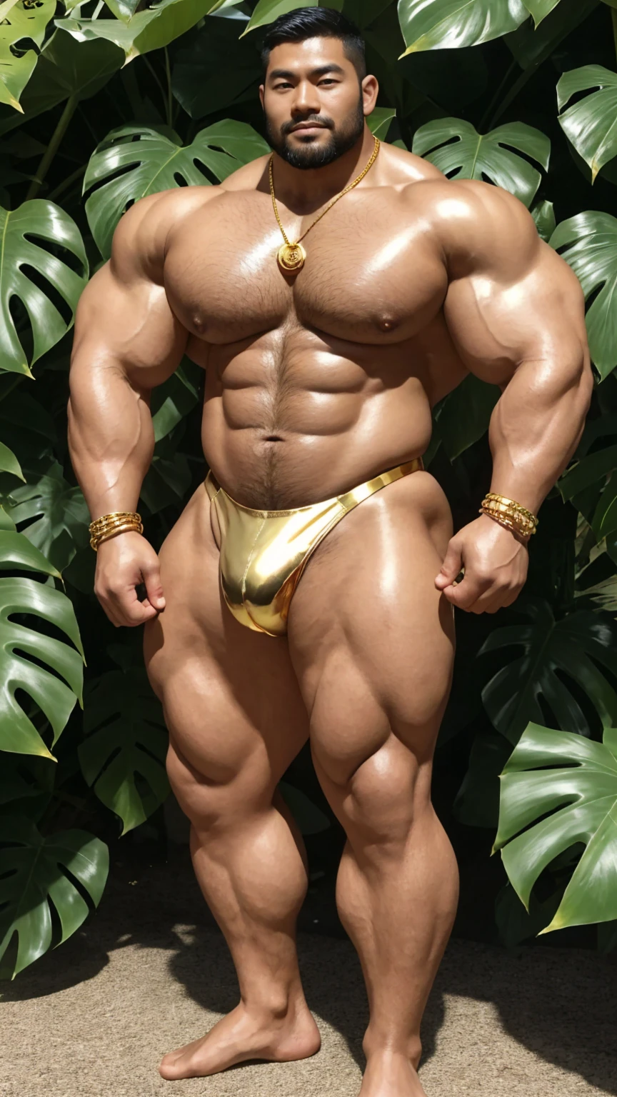 There is only one handsome Chinese man in the photo,35 years old,tall, Fitness,Smooth body,Smooth skin,No chest hair,short hair, O-Shaped Beard,Perfect body, Dark skin color,Radiant Skin,Smooth skin,Shiny, shiny skin,Smooth pectoral muscles,Muscle bulge, muscular, Very large pectoral muscles,Very sexy abdominal muscles,Very well-developed leg muscles,Huge concave and convex area,Brightens oily skin,Wearing a shiny gold leather thong,Handsome face,Normal human toes,Correct and accurate male body proportions,Gold necklace,Gold bracelet,Gold anklets,Standing in front of Monstera leaves。