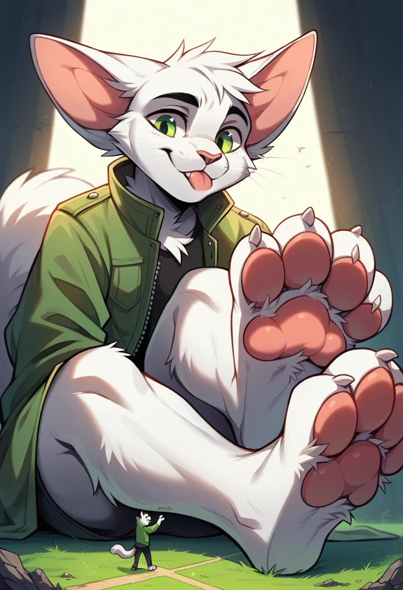 anthro, cat, white fur, green eyes, green jacket, big ears, Macro, Fußfocus, alone, good lighting, Focus on feet, Sit, licks the sole of his own foot, fluffy, pelzig paws, Paw pads, schwarze Paw pads,