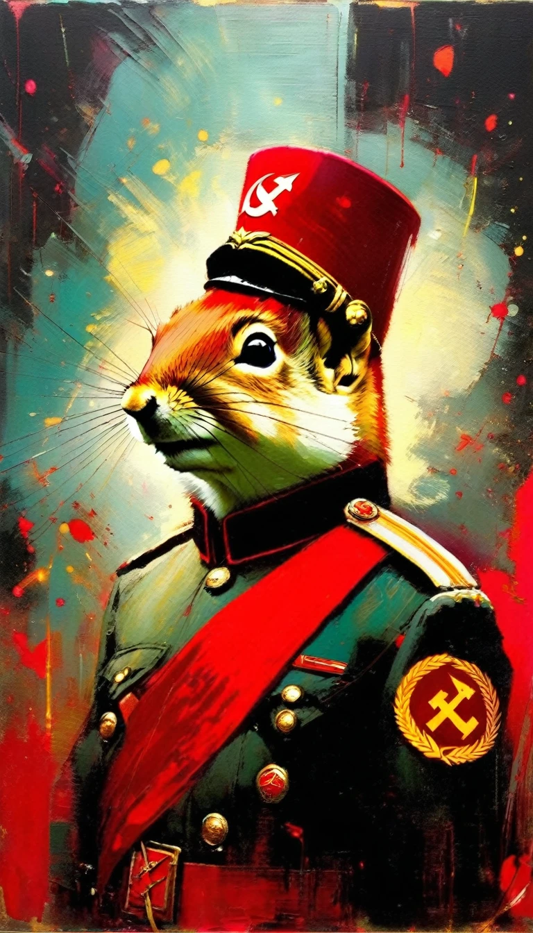 communist squirrel, (art inspired in Bill Sienkiewicz). oil painting)
