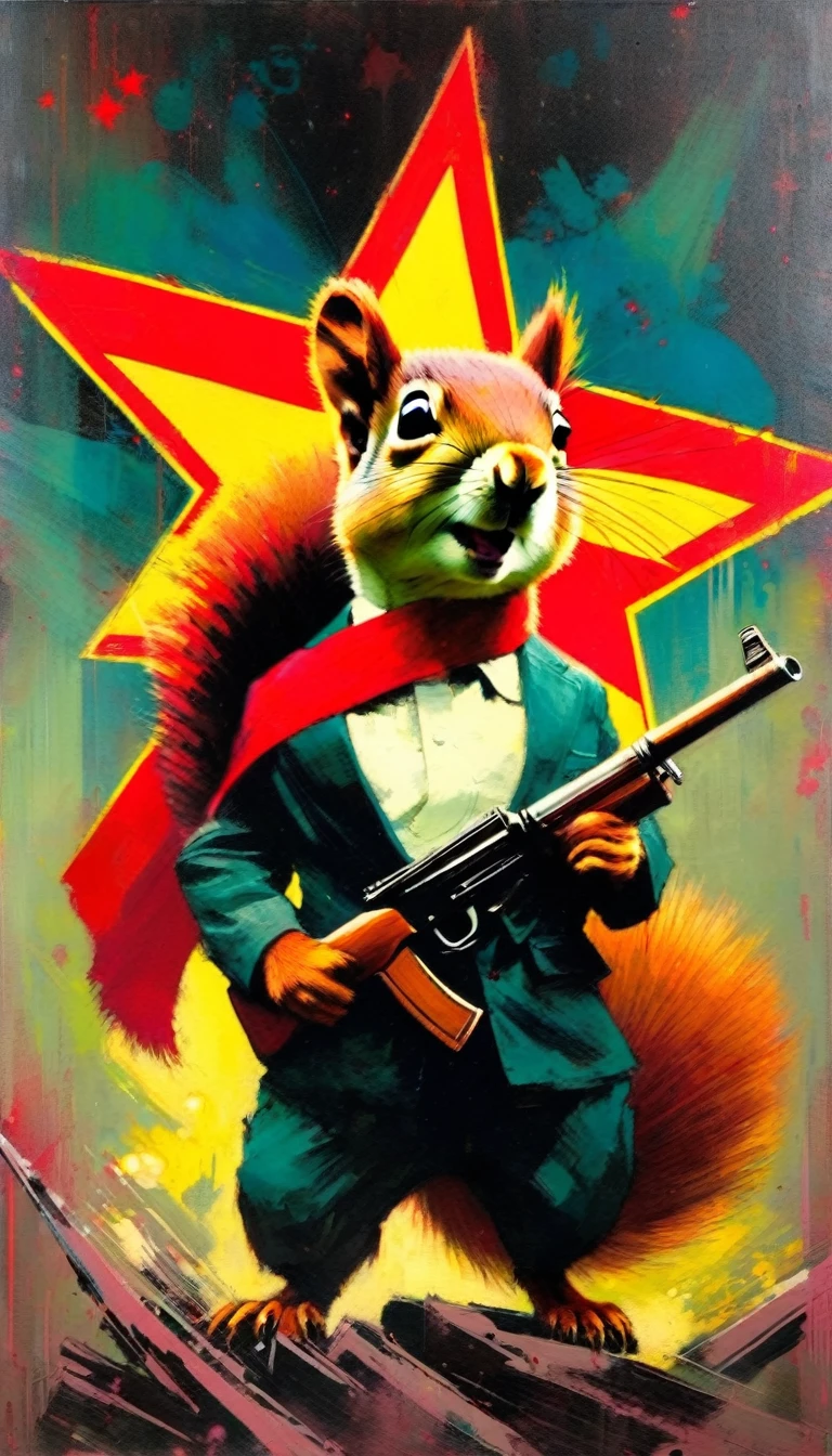 communist squirrel, (art inspired in Bill Sienkiewicz). oil painting)

