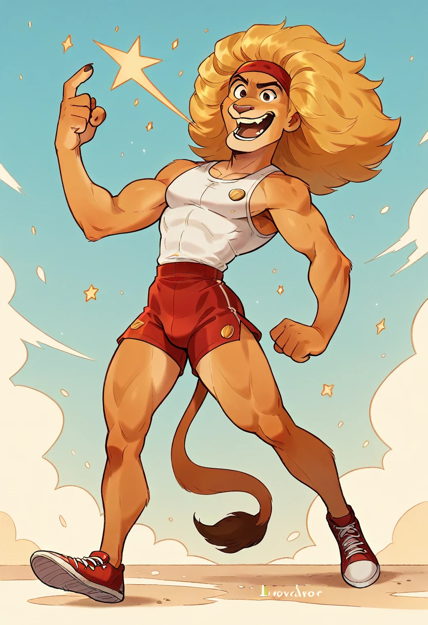 name: “FitLeo” : Lioness animal To represent strength and exclusivity. The image of a golden lioness can convey power and elegance.golden girl wearing a headband and a pair of running shoes, Conveying strength and elegance. colors,Golden for the lion, reflecting the exclusivity.Personalidade:friendly, energetic, and always ready to help achieve fitness goals and promote sustainable fashion. disney pixar style, high qualiy, best qualityer