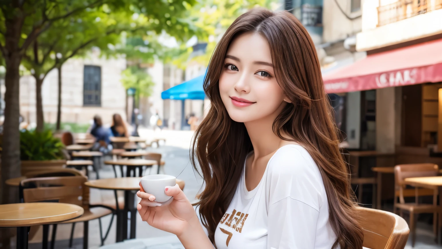 Highest quality、High resolution、8k wallpaper、Dense and beautiful eye-glue hair、(Beautiful breasts:1.3)、Natural color lip、25歳のwoman、woman、Brown Hair、Semi-long hair、smile、Applying lips、White T-shirt、Cafe、Outdoor、Sitting、