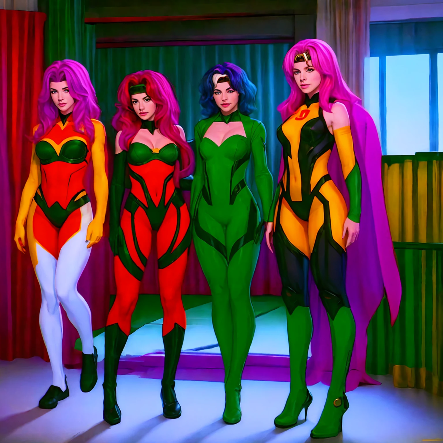 Tatsumaki, raven and Scarlett Witch elevated a few meters from the ground, Tatsumaki as in the One Punch Man manga, raven as in DC comics and Scarlett Witch as in the MCU, in a destroyed environment similar to the final fight of end game, epic, slightly realistic style but noticeable drawing , Tatsumaki with her green hair, Raven purple hair and Scarlett reddish hair
The Tatsumaki style is the same as the manga, Her dress, just that and their hair isn't that long, Tatsumaki's style is in Japanese manga style, Raven is in American comic style and Scarlett is in UCM style, The three are nothing alike, each has their own style