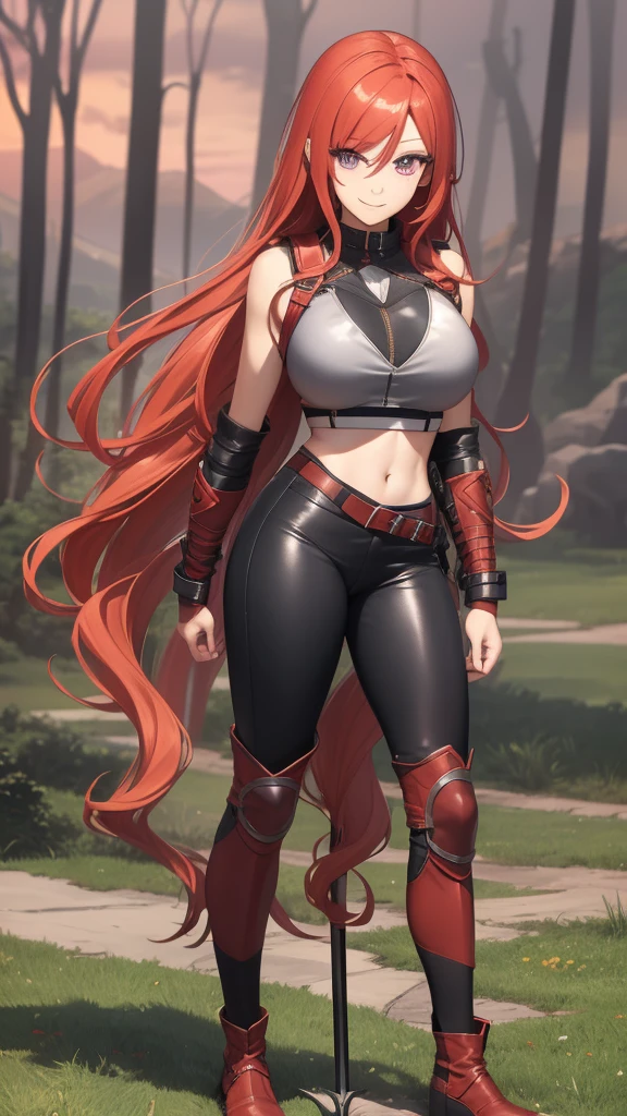 Tall woman, long and very curly fiery bright red hair, anime style, gentle smile, gray leather leggings, hiking boots, burgundy crop top, leather chest armor, exposed cleavage and midriff, standing, spear in hand, lilac eyes