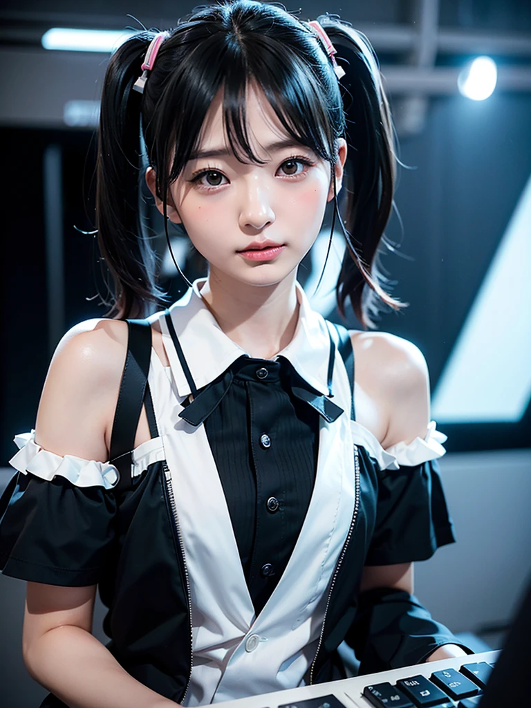 40-year-old Japanese woman、Black Hair、Hair is very short、Twin tails、Hatsune Miku Costume、Headphones、Flat Chest、Realistic photos、Realistic、8K quality、expensive、No bangs、High resolution, Highest quality, Anatomically correct, Winner of numerous awards, Ultra high definition, Live Performance Venues、Playing the keyboard