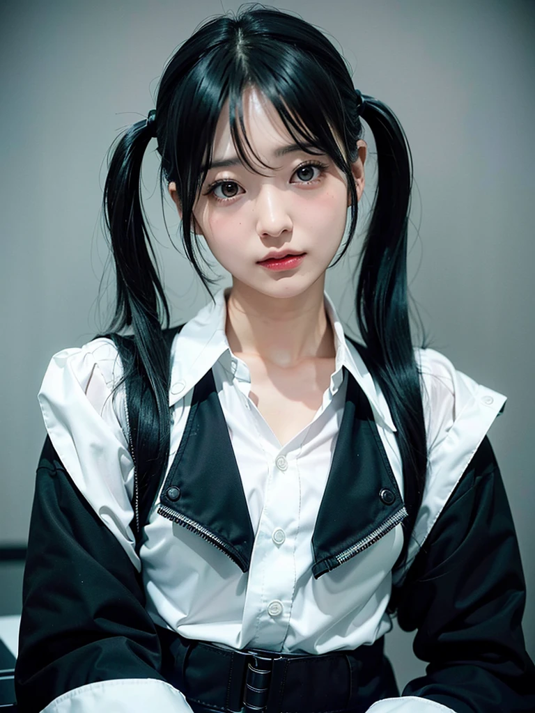 40-year-old Japanese woman、Black Hair、Hair is very short、Twin tails、Hatsune Miku Costume、Headphones、Flat Chest、Realistic photos、Realistic、8K quality、expensive、No bangs、High resolution, Highest quality, Anatomically correct, Winner of numerous awards, Ultra high definition, Live Performance Venues、Playing the keyboard