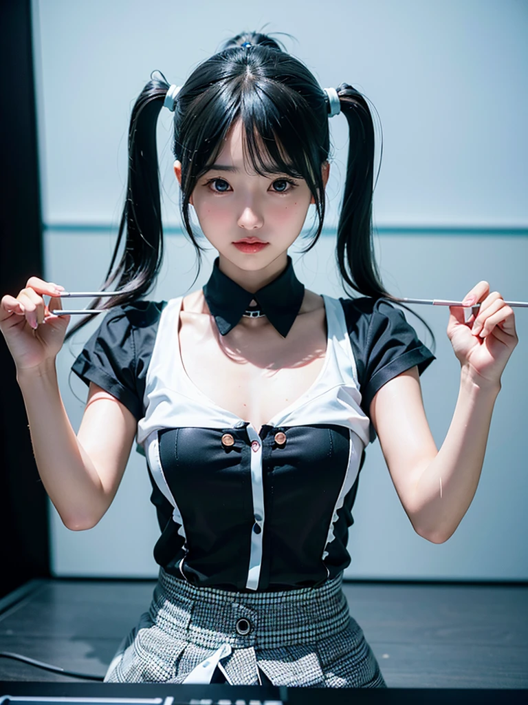 40-year-old Japanese woman、Black Hair、Hair is very short、Twin tails、Hatsune Miku Costume、Headphones、Flat Chest、Realistic photos、Realistic、8K quality、expensive、No bangs、High resolution, Highest quality, Anatomically correct, Winner of numerous awards, Ultra high definition, Live Performance Venues、Playing the keyboard