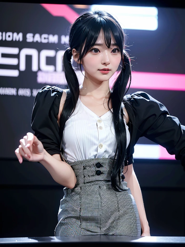 40-year-old Japanese woman、Black Hair、Hair is very short、Twin tails、Hatsune Miku Costume、Headphones、Flat Chest、Realistic photos、Realistic、8K quality、expensive、No bangs、High resolution, Highest quality, Anatomically correct, Winner of numerous awards, Ultra high definition, Live Performance Venues、Playing the keyboard