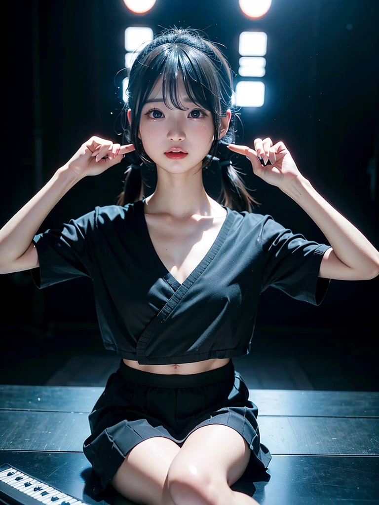 40-year-old Japanese woman、Black Hair、Hair is very short、Twin tails、Hatsune Miku Costume、Headphones、Flat Chest、Realistic photos、Realistic、8K quality、expensive、No bangs、High resolution, Highest quality, Anatomically correct, Winner of numerous awards, Ultra high definition, Live Performance Venues、Playing the keyboard