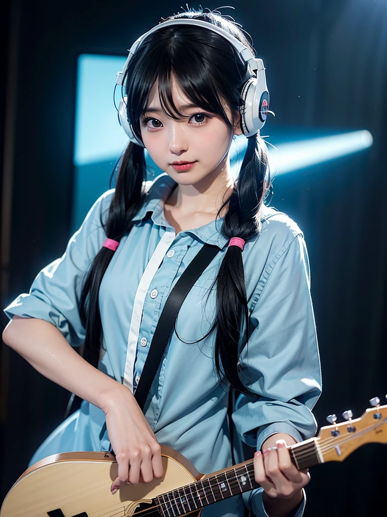 40-year-old Japanese woman、Black Hair、Hair is very short、Twin tails、Hatsune Miku Costume、Headphones、Flat Chest、Realistic photos、Realistic、8K quality、expensive、No bangs、High resolution, Highest quality, Anatomically correct, Winner of numerous awards, Ultra high definition, Live Performance Venues、Playing the guitar