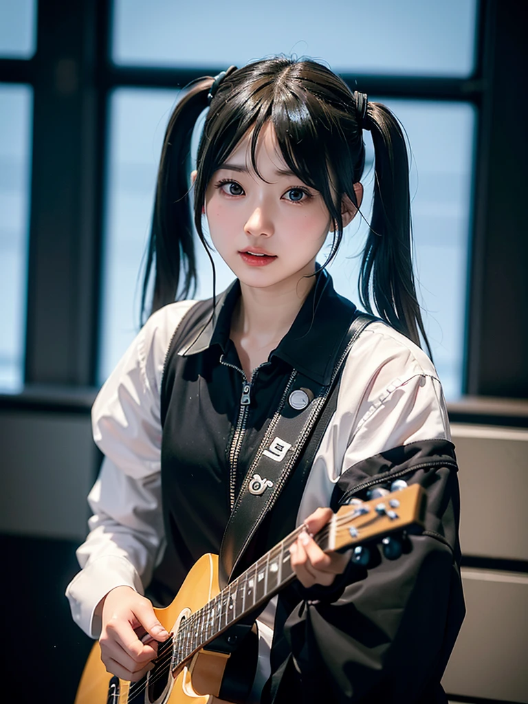 40-year-old Japanese woman、Black Hair、Hair is very short、Twin tails、Hatsune Miku Costume、Headphones、Flat Chest、Realistic photos、Realistic、8K quality、expensive、No bangs、High resolution, Highest quality, Anatomically correct, Winner of numerous awards, Ultra high definition, Live Performance Venues、Playing the guitar