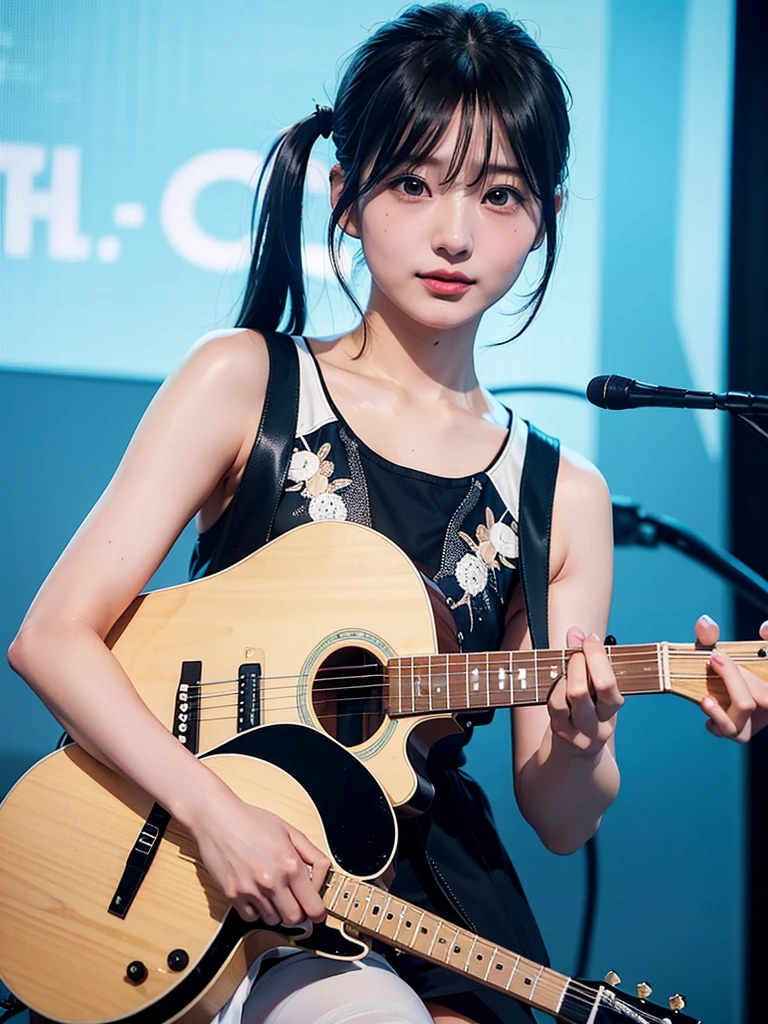 40-year-old Japanese woman、Black Hair、Hair is very short、Twin tails、Hatsune Miku Costume、Headphones、Flat Chest、Realistic photos、Realistic、8K quality、expensive、No bangs、High resolution, Highest quality, Anatomically correct, Winner of numerous awards, Ultra high definition, Live Performance Venues、Playing the guitar