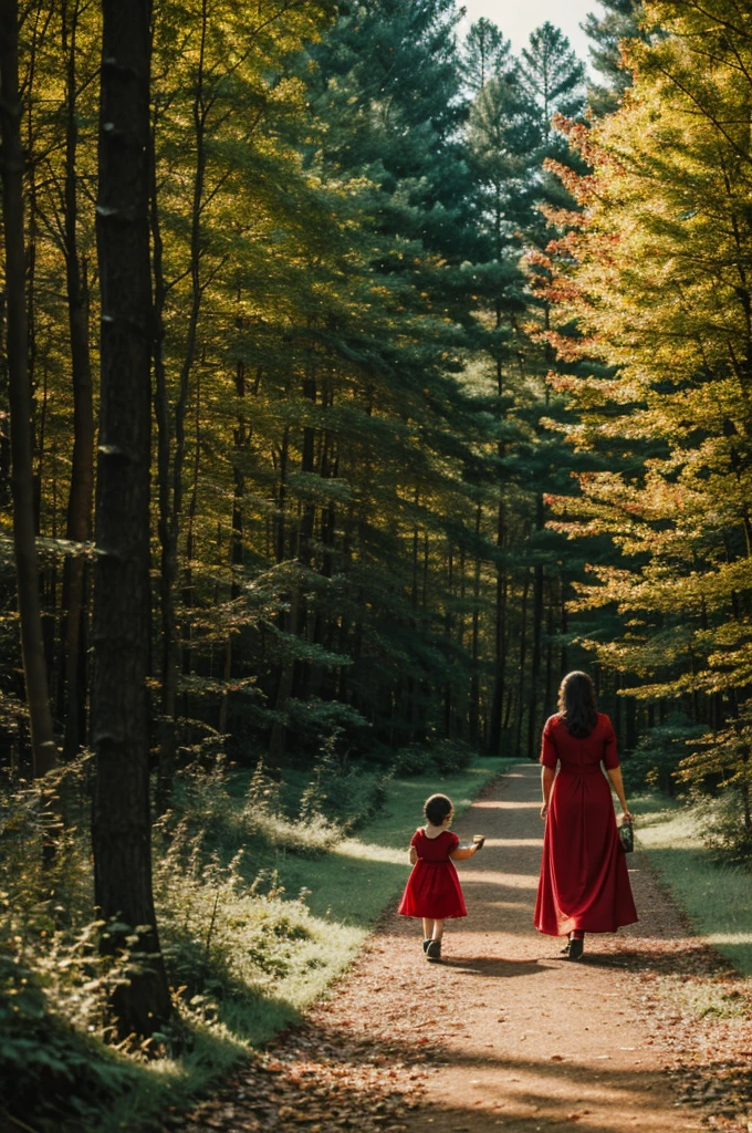 in red dress. Walking through the forest with his basket