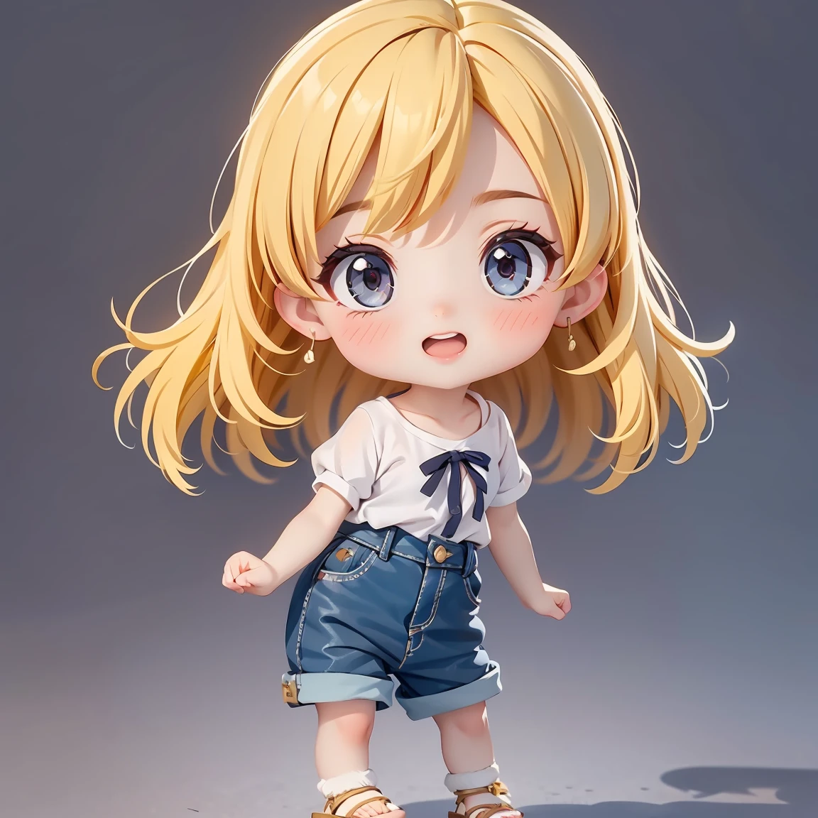  Super Chibi Character：1.8、wearing cute sandals、background：Simple all over、Blonde Hair、Cute 7 year old girl、Random cute outfits、Short legs、Sandals with ribbon、Dancing happily、Dancing happily