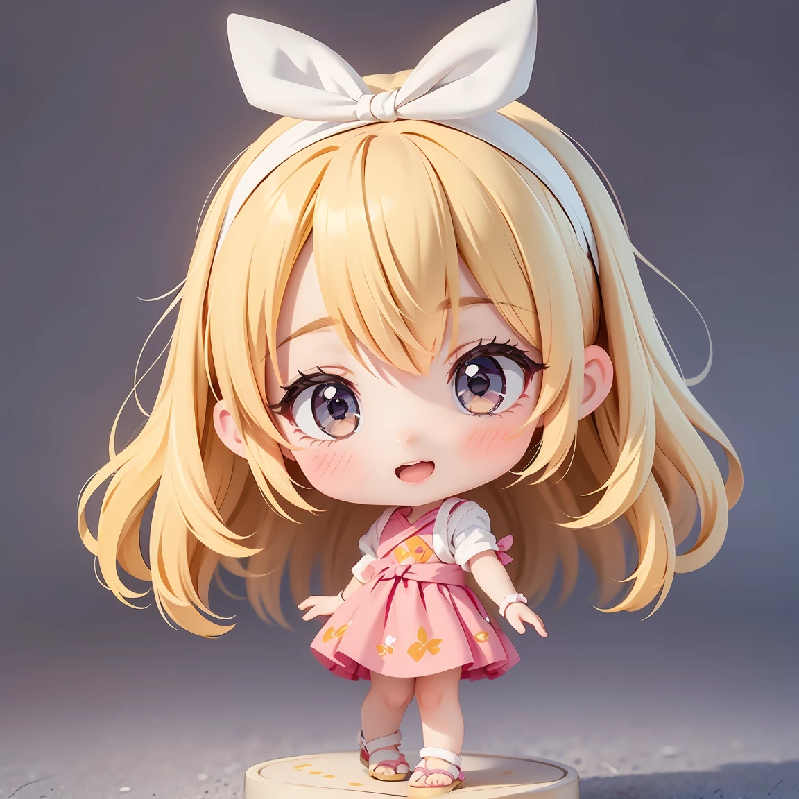 Super Chibi Character:1.8、wearing cute sandals、background:Simple all over、Blonde Hair、Cute 7 year old girl、Random cute outfits、Short legs、Sandals with ribbon、Dancing happily、Dancing happily