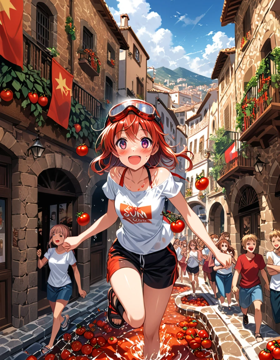 Tomatina Festival in Buñol, Spain, chaotic street scene filled with participants throwing ripe tomatoes, sea of red pulp and juice covering everything, an anime girl is excited with crowd in white t-shirts and shorts now stained red, slippery cobblestone streets, historic buildings with protective plastic coverings, large trucks loaded with tomatoes, people sliding and splashing in tomato puddles, goggles and swimming caps for protection, joyful expressions and laughter, Spanish flags hanging from balconies, spectators cheering from windows above, sun shining through mist of tomato juice, dynamic action shots of tomatoes mid-flight, mix of locals and tourists joining the fray, palpable atmosphere of fun and festivity, hyper-detailed realistic style capturing the messy textures and vivid red hues --niji 6
