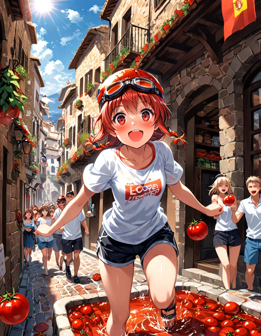 Tomatina Festival in Buñol, Spain, chaotic street scene filled with participants throwing ripe tomatoes, sea of red pulp and juice covering everything, an anime girl is excited with crowd in white t-shirts and shorts now stained red, slippery cobblestone streets, historic buildings with protective plastic coverings, large trucks loaded with tomatoes, people sliding and splashing in tomato puddles, goggles and swimming caps for protection, joyful expressions and laughter, Spanish flags hanging from balconies, spectators cheering from windows above, sun shining through mist of tomato juice, dynamic action shots of tomatoes mid-flight, mix of locals and tourists joining the fray, palpable atmosphere of fun and festivity, hyper-detailed realistic style capturing the messy textures and vivid red hues --niji 6