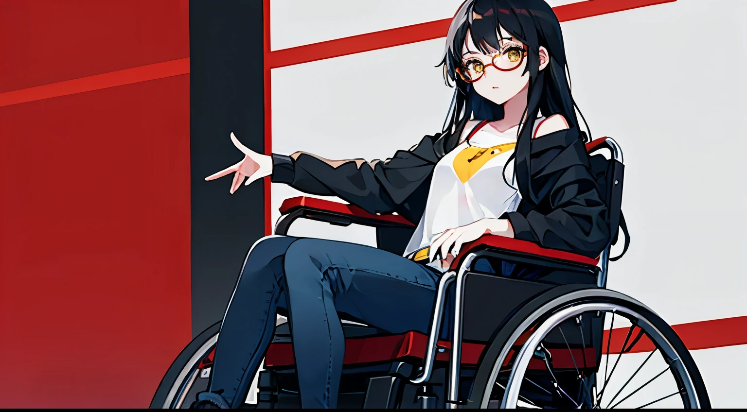 1girl, long black hair, yellow eyes, flat chest, red glasses, jeans, wheelchair