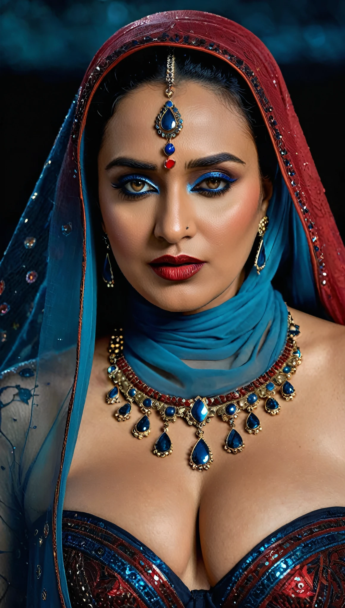 Looks like Shraddha Kapoor, full body Closeup shot, Big chubby aunty, milf, cougar lady witch, horny Gothic milf, 70 years old gorgeous mature lady, pervert demoness, demoness of lust, curvy, black lips, horny face, extremely gorgeous, thick figure, heavy physique, voluptuous, curvy, sexy figure, Fashionable portrait of androgynous alien looking witch wearing veil, glowing eyes, futuristic design, minimal details, givenchy, photoreal, 200mm, hd, f/ 2.0, highly detailed, surreal, sexy beautiful evil woman, sexy bold sequin Saree with strapless Bra, chudail, Pishachini, horror genre, blood-thirsty enchantress, powerful female spirit, eerie, drop dead, in the style of red and blue, (intricate details, hyperdetailed:1.15) (skin texture:1.2), dark Moody tone, cinematic lighting, haunted place in background,