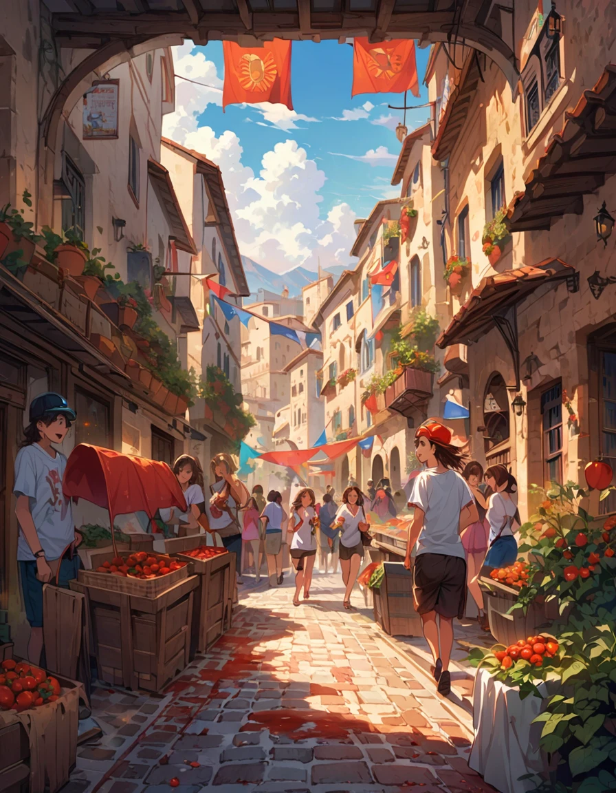Tomatina Festival in Buñol, Spain, chaotic street scene filled with participants throwing ripe tomatoes, sea of red pulp and juice covering everything, an anime girl is excited with crowd in white t-shirts and shorts now stained red, slippery cobblestone streets, historic buildings with protective plastic coverings, large trucks loaded with tomatoes, people sliding and splashing in tomato puddles, goggles and swimming caps for protection, joyful expressions and laughter, Spanish flags hanging from balconies, spectators cheering from windows above, sun shining through mist of tomato juice, dynamic action shots of tomatoes mid-flight, mix of locals and tourists joining the fray, palpable atmosphere of fun and festivity, hyper-detailed realistic style capturing the messy textures and vivid red hues --niji 6