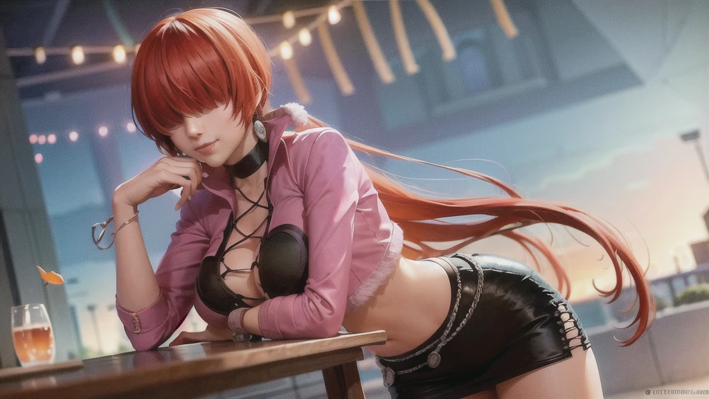 (at night), in a video game scene a background a beautiful city, alone, standing at attention, pink suit, pink jacket, choker, neckline, cut of clothes, earrings, has long bangs in her hair that covers eyes ((hair over eyes)), 1 girl, 20 years old, young woman, perfect hands, beautiful fingers, beautiful long legs, beautiful body, beautiful nose, beautiful character design, perfect face, looking at viewer with gesture serious, he is on a phone call with his cell phone in hand (focusing on his face), mouth closed, Light_Smile, official art, extremely detailed CG unity 8k wallpaper, perfect lighting, bright and colorful front lighting, glowing skin (artwork master: 1.0), (best_quality: 1.0), ultra high resolution, 4K, ultra detailed photography, 8K, HDR, high resolution, nonsense:1.2, Kodak portra 400, film grain, background blur, bokeh:1.2, lens flare , (vibrant_color:1.2), professional photography, (Beautiful, breasts: 1.4), (beautiful_face: 1.5), (narrow waist),