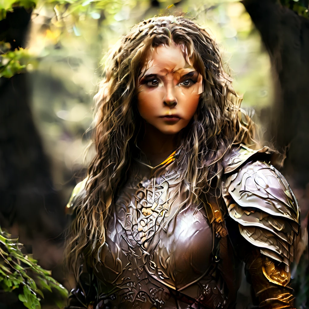 Elf female with dark curly short hair, eyes with amber colors, golden skin. She is a druid, using a very light leather armor and a wooden shield