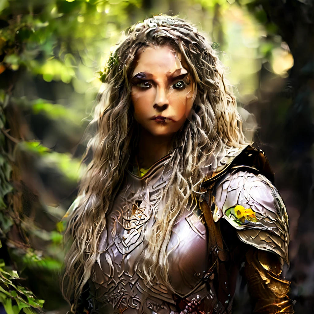 Elf female with dark curly short hair, eyes with amber colors, golden skin. She is a druid, using a very light leather armor and a wooden shield